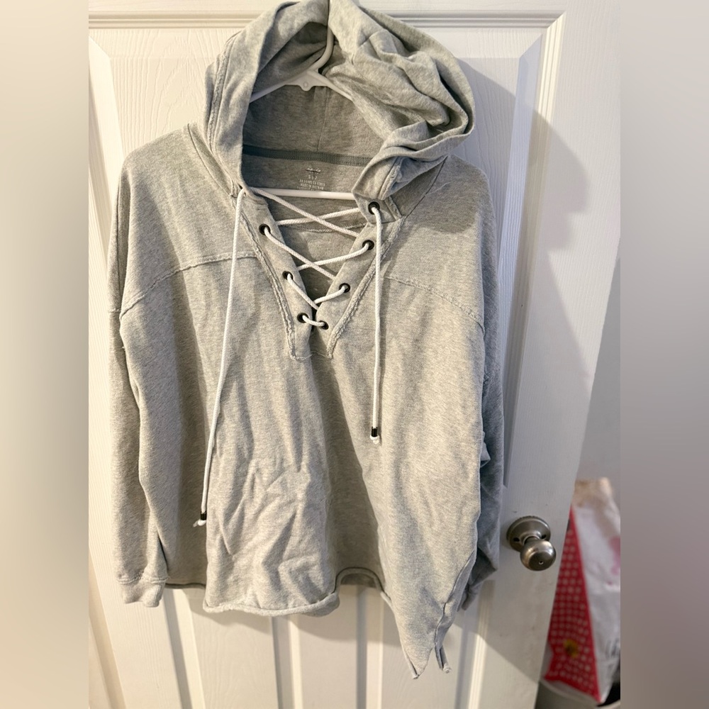 Aerie Heather Gray Lace-Up Hoodie